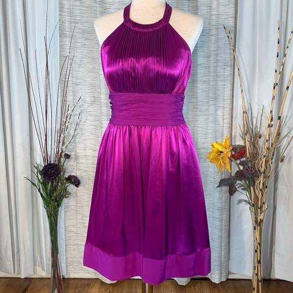 Adrianna Papell solid purple flowing halter evening party dress. - Picture 2 of 16
